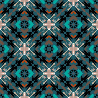 Kabilesel süsleme vektörsüz desen. Soyut, soyut, renkli bir geçmiş. Etnik kaleydoskop süsü, kumaş, tekstil ve baskı için dekoratif tasarım. Geometrik elementlerle desenli arkaplan.