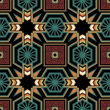 Geometrik modern vektör pürüzsüz desen. Soyut kabile tarzı bir geçmişi var. Renkli arkaplanı tekrarla. Geometrik süsler. Yunan kare çerçeveleri, çizgiler, labirentler, şekiller. Yunan anahtar çeviricileri.