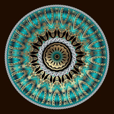 Mücevher süsleme 3D mandala deseni. Elmas değerli taşlı klasik süsler. Güzel bir arka plan. Doğu tarzı çiçek dantelli tasarım. Lüks dekorasyon arka planı. Vektör illüstrasyonu.