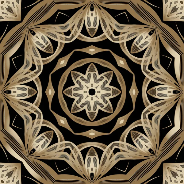 Floral Line Art Vector Seamless Pattern Ornamental Black Gold Background — Stock Vector