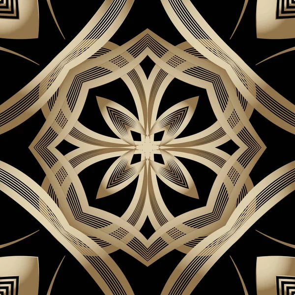 Floral Line Art Vektor Nahtloses Muster Ornamentale Schwarze Und Goldene — Stockvektor