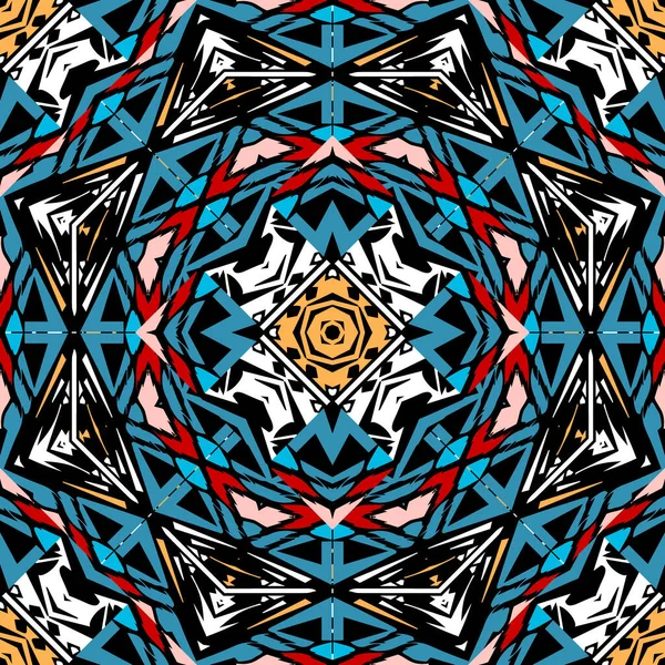 部族装飾ベクトルシームレスパターン 民俗抽象的なカラフルな背景 民族モザイク装飾 印刷のための装飾的な部族のデザイン 幾何学的要素を持つパターン化された背景 — ストックベクタ