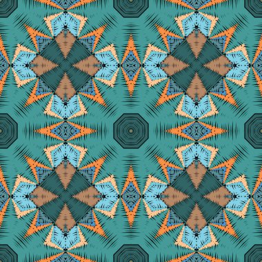 Dokulu grunge vektör pürüzsüz desen. Duvar halısı zig zag mandalas arka plan. Nakış, soyut arkaplanı tekrarlıyor. Simetrik renkli grungy aksesuarları. Nakışlı doku. Zarif dekoratif tasarım.