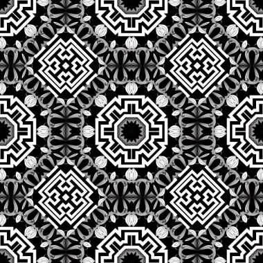 Çiçek desenleri pürüzsüz. Vektör süslemeli geometrik arkaplan. Simetrik etnik tarzı tekrar edin. Soyut sanat çiçekleri, şekiller, mandalalar, çizgiler. Zarafet siyah ve beyaz süsler.