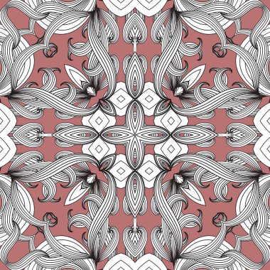 Çiçek desenleri pürüzsüz. Vektör süslemeli modern arka plan. Simetrik etnik tarzı tekrar edin. Soyut sanat çiçekleri, şekiller, çizgiler, çizgiler. Zarif siyah beyaz süs.