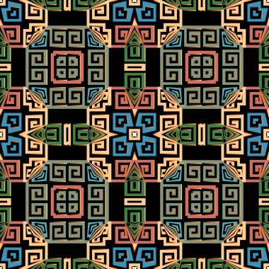Geometrik modern vektör pürüzsüz desen. Soyut kabile tarzı bir geçmişi var. Renkli arkaplanı tekrarla. Yunan çerçeveleri, çizgiler, labirentler, şekiller. Yunan anahtarı geometrik zarif süslemeler.