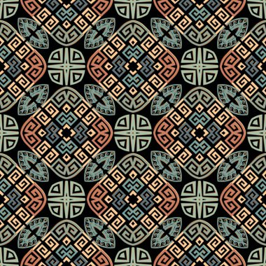Geometrik modern vektör pürüzsüz desen. Soyut kabile tarzı bir geçmişi var. Renkli arkaplanı tekrarla. Yunan çerçeveleri, çizgiler, labirentler, şekiller. Yunan anahtarı geometrik zarif süslemeler.