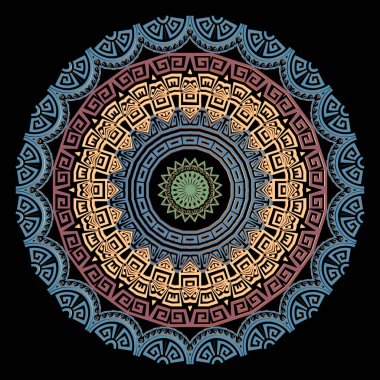 Yunan yuvarlak vektör mandala deseni. Soyut etnik tarz çiçek geçmişi olan bir kabile. Renkli geometrik arka plan. Yunan çerçeveleri, çizgiler, labirentler, şekiller, zikzak, çiçekler. Yunan anahtar pervazları süslemeleri.