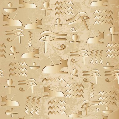 Mısır hiyeroglifleri kusursuz desen. Altın şekilli Afrika etnik vektör arka plan duvar kağıdı, hepsi gören gözler, semboller, işaretler, hayvanlar, zikzak çizgileri. Kumaş, parmak izi ve tekstil için lüks tasarım.