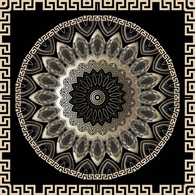 Çiçekli Yunan dantelli mandala deseni. Noktalı üç boyutlu çiçekli, yarım tonlu, daireli, Yunan anahtarlı, kıvrımlı, noktalı soyut bir arka plan. Yuvarlak fraktal süs. Kare çerçeveler, sınırlar. Desenli tasarım.