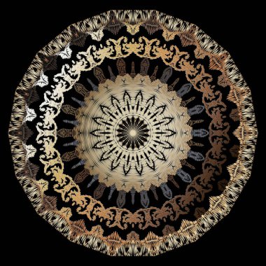 İşlemeli çiçek vektörü mandala deseni. Barok duvar halısı altın aksesuar. Renkli grunge dantelli arka plan. Nakış işleme çiçekleri, yapraklar, daireler. Nakışlı doku. Desenli tasarım.