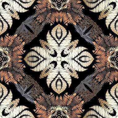 Nakış işlemeli çiçek taşıyıcı, dikişsiz desen. Barok süsler. Grunge 'un geçmişi. Duvar kâğıdı. İşlemeli çiçekler, yapraklar, çerçeveler, sınırlar. İşlemeli gobelin dokusu. Desenli zig zag tasarımı.