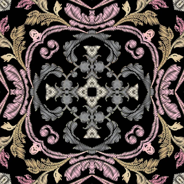 刺繍花ベクトルシームレスパターン バロック様式の装飾 カラフルなグランジの背景 タペストリーの壁紙 刺繍ダマスク花 刺繍の質感 テクスチャデザイン ステッチ効果 — ストックベクタ