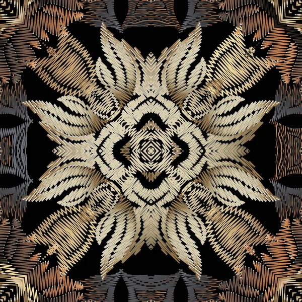 刺繍花ベクトルシームレスパターン バロック様式の装飾 グランジの背景 タペストリーの壁紙 刺繍の花 フレーム 境界線 刺繍されたゴベリンの質感 ジグザグデザインのテクスチャ — ストックベクタ