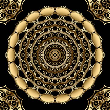 Çiçekli dantelli çizgiler, kusursuz mandalalar. Yuvarlak altın çizgiler 3D süsler. Vektör süsleme arka planı. Zarif dekoratif arka planı tekrarla. Güzel dekoratif modern tasarım. Duvar kağıtları, baskılar için