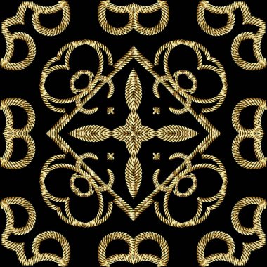 Üç boyutlu desenli altın ipler, dikişsiz desen. Duvar halısı çiçekli vektör arka planı. Nakış işi, klasik çiçekler, çizgiler, girdaplar. Uçsuz bucaksız bir doku. Nakışlı süs. Modern güzel dekoratif tasarım.
