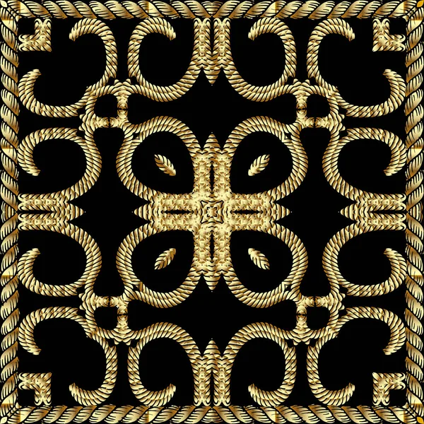Texturiertes Gold Verdrillte Seile Nahtloses Muster Wandteppich Floralen Vektor Hintergrund — Stockvektor