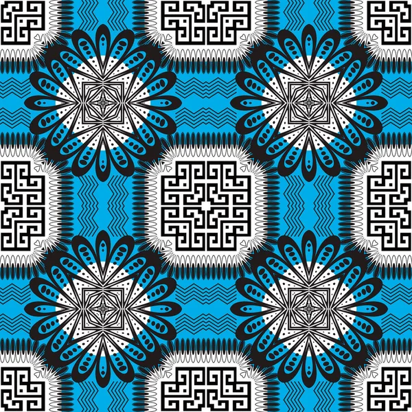 Abstraktes Florales Griechisches Vektormuster Geometrische Stammes Ethnischen Ornamentalen Blauen Hintergrund — Stockvektor