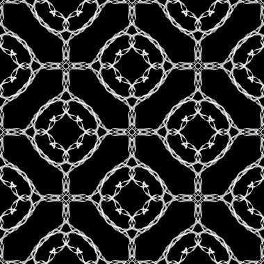 Zarif dantel çizgiler kusursuz desen. Siyah ve beyaz dantelli süslemeli vektör arka planı. Karmaşık el çizimi sanat şebeke süsü. Simetrik kabile etnik geometrik tasarımı. Grunge dokusu.