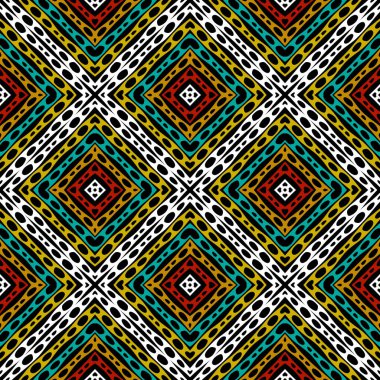 Renkli geometrik vektör pürüzsüz desen. Süslü kabile tarzı parlak bir arka plan. Waffle süsleri. Geleneksel dekoratif arka planı tekrarla. Modern soyut tasarım. Kumaş, baskı, sargı için.