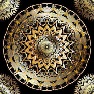 Altın barok dikişsiz mandalas deseni. Renkli arka plan vektör süslemesi. Çemberleri, çiçekleri ve yaprakları olan güzel, klasik çiçek desenli süsler. Duvar kağıtları ve kumaşlar için lüks dekoratif tasarım.
