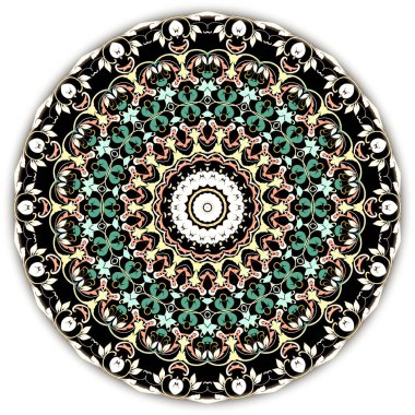 Barok mandala deseni. Renkli arka plan vektör süslemesi. Çemberleri, çiçekleri ve yaprakları olan güzel, klasik çiçek desenli süsler. Duvar kağıtları, kumaş ve baskılar için lüks dekoratif tasarım.