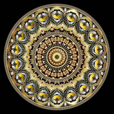 Barok mandala deseni. Renkli arka plan vektör süslemesi. Çember dantel çerçeveli, çiçekli, yapraklı güzel, klasik çiçek desenli süsler. Duvar kağıtları, kumaş ve baskılar için lüks dekoratif tasarım.