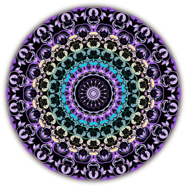 Barok mandala deseni. Vektör süsleme arka planı. Güzel, çiçekli, mor çiçekli, yapraklı güzel bir çiçek süsü. Duvar kağıdı, kumaş, parmak izi, plaka, kartlar için lüks renkli tasarım.