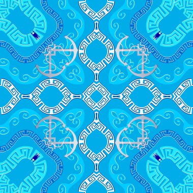 Yunan denizcilik deseni. Vektör mavisi süslemeli arka plan. Kabile etnik tarzı arka plan tekrarı. Soyut çapaları, dalgaları, şekilleri, çizgileri, çerçeveleri olan geometrik süslemeler. Yunan anahtarı, avare.