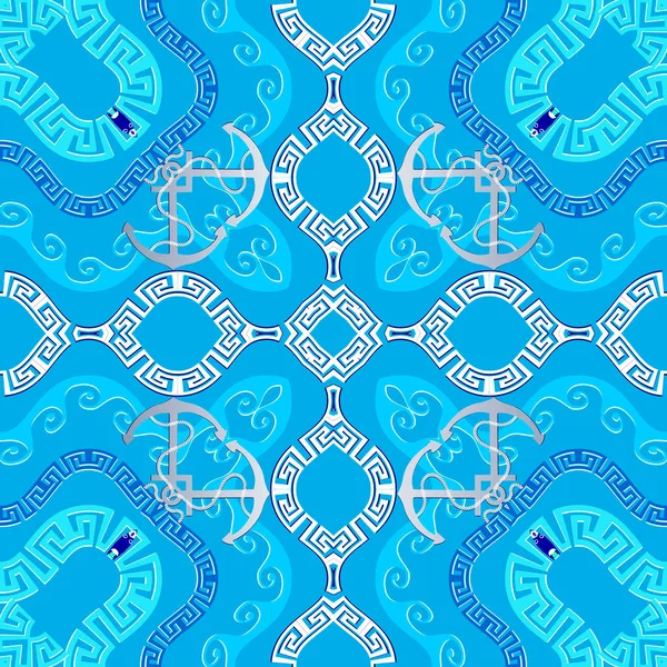 ギリシャの海のシームレスなパターン ベクターブルーの装飾的背景 部族的民族様式は背景を繰り返す 抽象的なアンカー フレームと幾何学的な装飾 ギリシャ語のキー — ストックベクタ