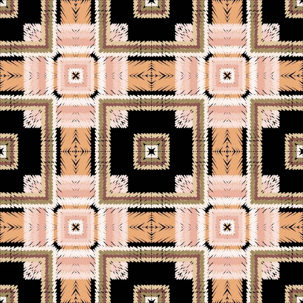 タータンのシームレスなパターンをテクスチャ ベクトルのタペストリーを背景にした 刺繍の繰り返しチェックされた背景 ストライプ 正方形 ライン 形状を持つ幾何学的な縞模様の装飾 刺繍された無限の質感 — ストックベクタ