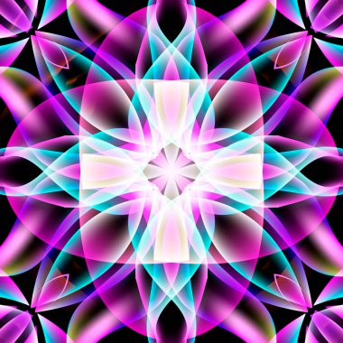 Parlak renkli çiçek vektörü 3D pürüzsüz desen. Parlak süslemeli fraktal arka plan. Soyut aydınlatılmış çiçekler, şekiller, çizgiler. Çok renkli modern süsler. Moda dekoratif neon tasarımı.