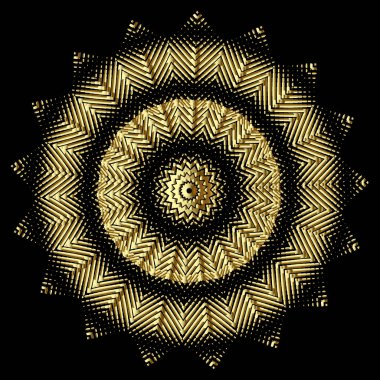 Altın 3D yuvarlak mandala. Vektör desenli zikzak deseni. Süslü arka plan. Soyut altın güneş. Huysuz çiçek. Dekoratif tasarım. Yarım tonluk çiçek süsü. Güzel lüks yüzey dokusu.