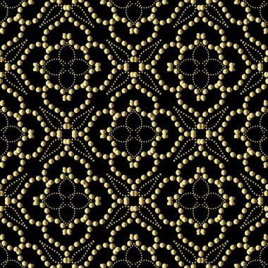 Siyah ve altın noktalı noktasız desen. Süslü vektör arka planı. Puantiyeli arka planı tekrarla. Süslü, süslü, çiçekli, soyut çiçekler, yapraklar, noktalı çizgiler..