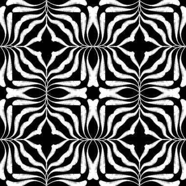 Duvar halısı çiçekli vektör pürüzsüz desen. Çizgi sanatının grunge el çizimi çiçekleri. İşlemeli eski Paisley süslemeleri. İşlenmiş çiçekler, yapraklar, çizgiler. Süslemeli siyah ve beyaz arkaplan.