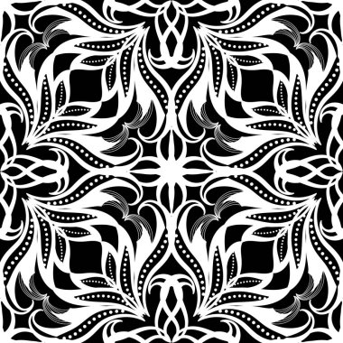 Çiçeksiz desen. Siyah ve beyaz vektör süslemeli arka plan. Etnik tarz dekoratif arka plan. Elle çizilmiş süs. Klasik zarif çiçekler, yapraklar, kıvrımlar, şekiller, noktalar.