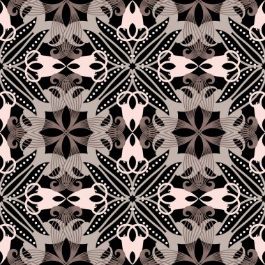 Zarif etnik tarz çiçeksiz desen. Süslü vektör arka planı. Dekoratif çiçek arkaplanı. Soyut çiçeklerle, çizgilerle, yapraklarla, şekillerle, noktalarla dolu güzel bir süs. Desenli tasarım.