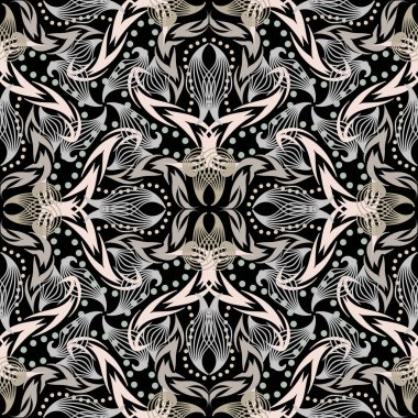 Çiçeksel vektör pürüzsüz desen. Etnik tarzda dekoratif bir geçmişi var. Güzel çizgiler çiçekler, daireler, şekiller. Renkli arkaplanı tekrar et. Zarif süsler. Kumaş ve parmak izleri için dekoratif tasarım.