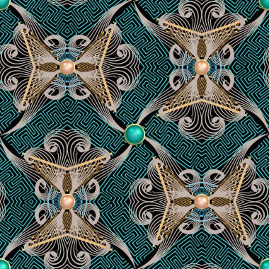 Süslü vektör kusursuz desen. Etnik Yunan tarzı bir geçmişi var. Soyut çiçekler, kıvrımlar, yapraklar, şekiller. Renkli çiçek arkaplanını tekrar et. 3d düğmeli Yunan anahtarlı geometrik süsler.