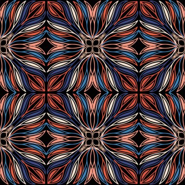 Tertemiz bir desen bırakıyor. Etnik tarz çiçekli vektör arka planı. Güzel çiçekler, yapraklar, şekiller. Soyut arkaplan desenini tekrarla. Renkli yapraklı süsler. Kumaş, baskı ve kartlar için tasarım.