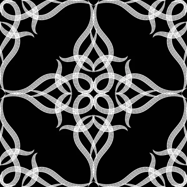 アラビア語のベクトルシームレスなパターン 民族ギリシャ風の背景 抽象的な花 黒と白の花の背景を繰り返します ギリシャ語のキーはエレガントな装飾を意味します オーナーデザイン — ストックベクタ