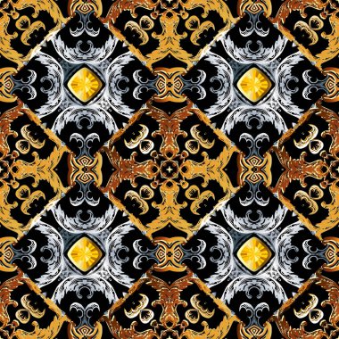 Barok mücevher desenli. Siyah vektör damaske arka plan duvar kâğıdı. İçinde klasik altın çiçekler, parşömen yaprakları, elmas değerli taşlar var. Güzel bir süs. Lüks modern zarif tasarım.