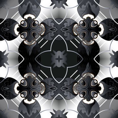 Çiçeksel siyah ve gümüş vektörsüz desen. Soyut çizgili 3D arka plan duvar kağıdı çizgileri, çizgileri, klasik çiçekleri, yaprakları, eşkenar dörtgenleri var. Barok Damask modern süsü. Süslü doku sörfü.