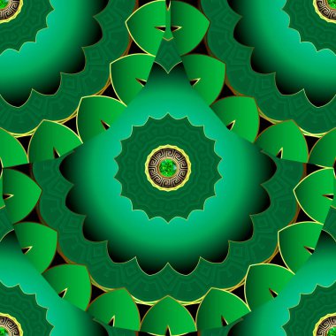 Mücevher çiçekli mandalalar pürüzsüz desenli. Yunan tarzı, zümrüt değerli taşlarla üç boyutlu yeşil deco süslemeler. Güzel süslemeli vektör tasarımı. Desenli yüzey arkaplanı. Duvar kağıtları, kumaş için..