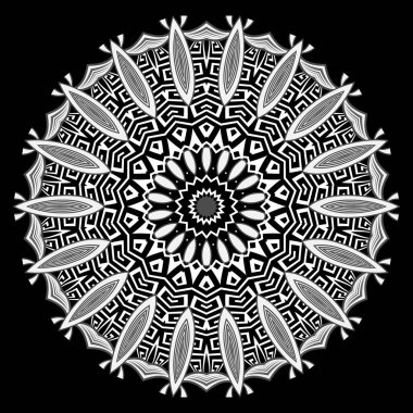Siyah ve beyaz çiçekli mandala. Yunan çember süsleri. Dekoratif güzel desen. Vektör süslemeli tek renkli arka plan. Geometrik etnik zemin. Yunanca anahtar, gezginler, çiçekler, zig zag.