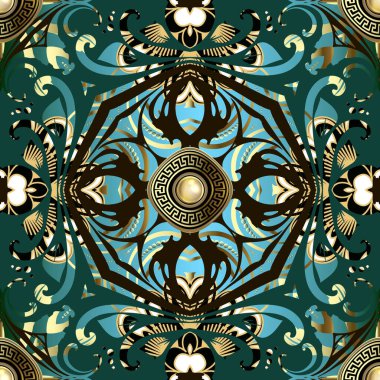 Klasik Barok 3d vektör pürüzsüz desen. Süslü çiçek arkaplanı. Şam lüks süsü. Dekoratif arkaplanı tekrarla. Altın çiçekli mücevher tasarımı, yapraklar, çizgiler, 3D Yunan mandalaları, değerli taşlar.