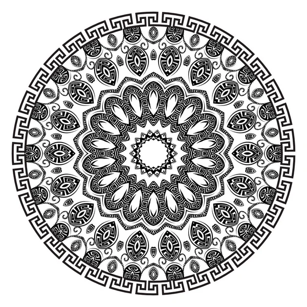 Fekete Fehér Virágos Kerek Mandala Görög Kör Díszek Dekoratív Gyönyörű — Stock Vector