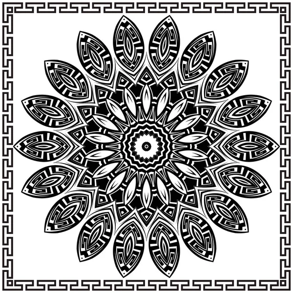 Mandala Redondo Floral Blanco Negro Con Marco Cuadrado Adornos Griegos — Vector de stock