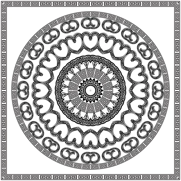 Zwart Wit Bloemige Ronde Mandala Met Vierkant Frame Griekse Ornamenten — Stockvector