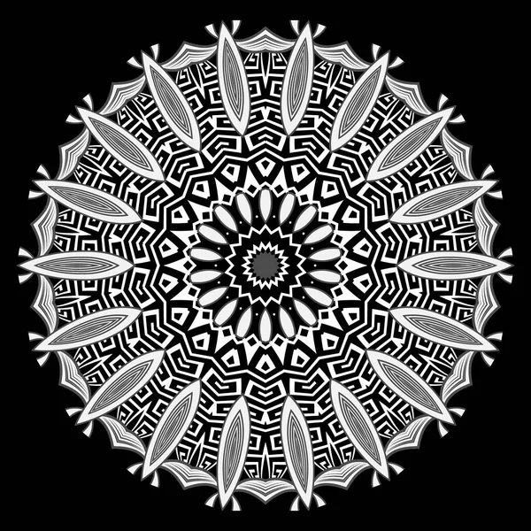 Zwart Wit Bloemige Ronde Mandala Griekse Cirkel Ornamenten Decoratief Mooi — Stockvector